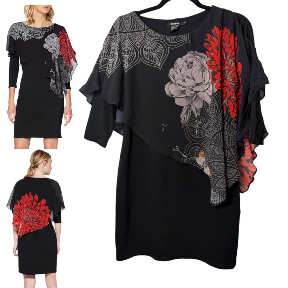 Desigual Alexandre 3/4 Sleeve Black Asymmetric Scarf Top Black Dress Medium